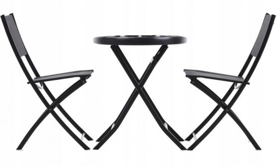 ZESTAW MEBLE BALKONOWE STOLIK + 2 KRZESŁA SKŁADANE CZARNY METAL SZKŁO