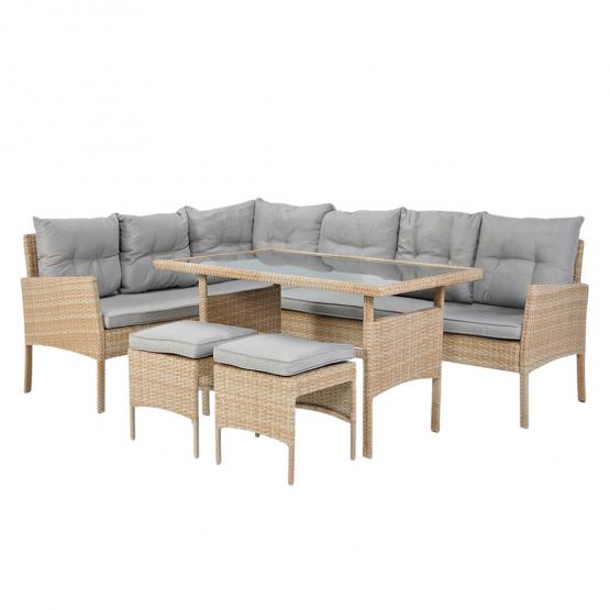 ZESTAW MEBLI RATTANOWYCH BERNO SOFA PUFY STÓŁ OGRODOWY BEŻ SZARY