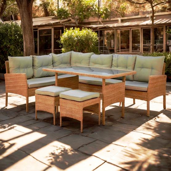 ZESTAW MEBLI RATTANOWYCH BERNO SOFA PUFY STÓŁ OGRODOWY BEŻ SZARY