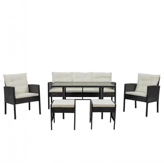 ZESTAW MEBLI RATTANOWYCH VADUZ SOFA FOTELE PUFY STÓŁ CZARNY KREMOWE PODUSZKI