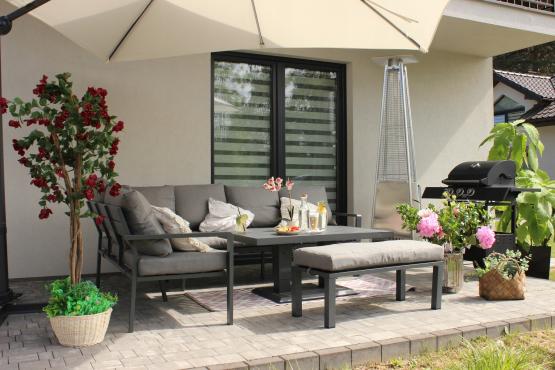 Zestaw Mebli Aluminiowych Garden Line Szary z Szarymi Poduszkami - Sofa Narożna + Pufa + Stolik