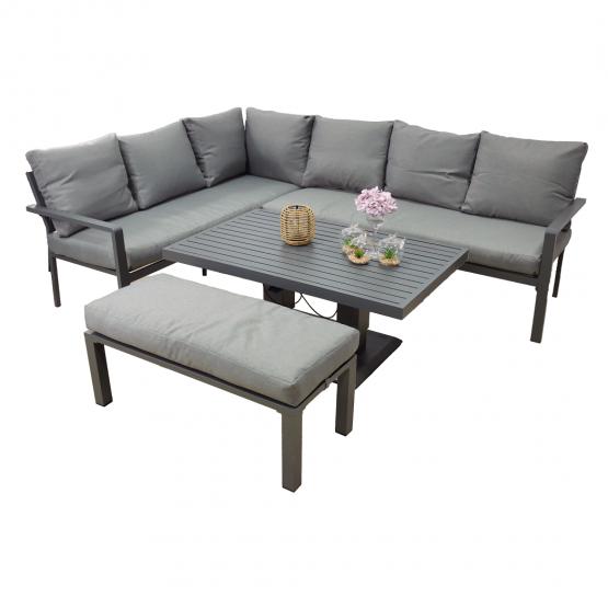Zestaw Mebli Aluminiowych Garden Line Szary z Szarymi Poduszkami - Sofa Narożna + Pufa + Stolik