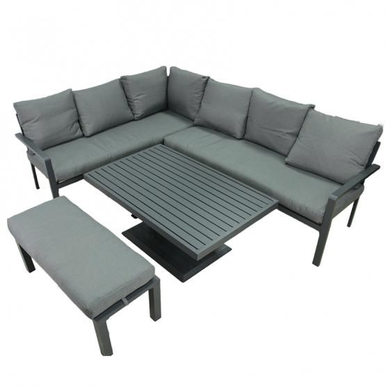 Zestaw Mebli Aluminiowych Garden Line Szary z Szarymi Poduszkami - Sofa Narożna + Pufa + Stolik