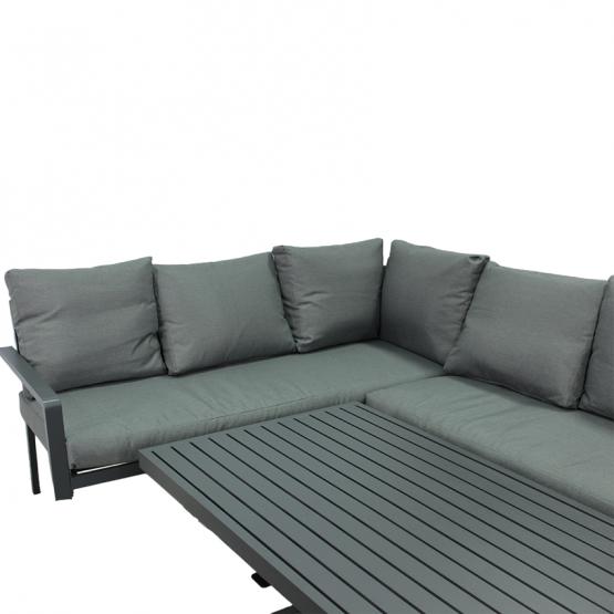 Zestaw Mebli Aluminiowych Garden Line Szary z Szarymi Poduszkami - Sofa Narożna + Pufa + Stolik
