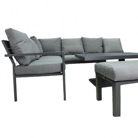 Zestaw Mebli Aluminiowych Garden Line Szary z Szarymi Poduszkami - Sofa Narożna + Pufa + Stolik