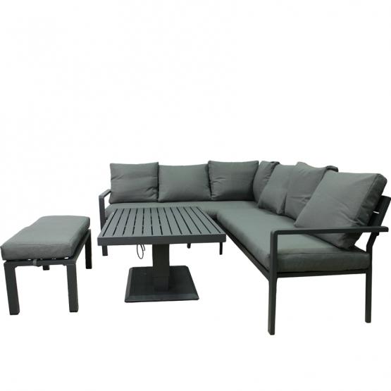 Zestaw Mebli Aluminiowych Garden Line Szary z Szarymi Poduszkami - Sofa Narożna + Pufa + Stolik