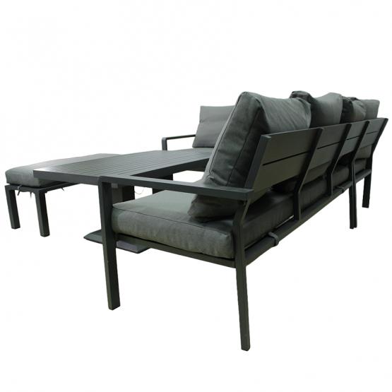 Zestaw Mebli Aluminiowych Garden Line Szary z Szarymi Poduszkami - Sofa Narożna + Pufa + Stolik