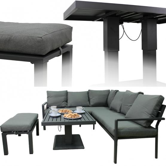 Zestaw Mebli Aluminiowych Garden Line Szary z Szarymi Poduszkami - Sofa Narożna + Pufa + Stolik