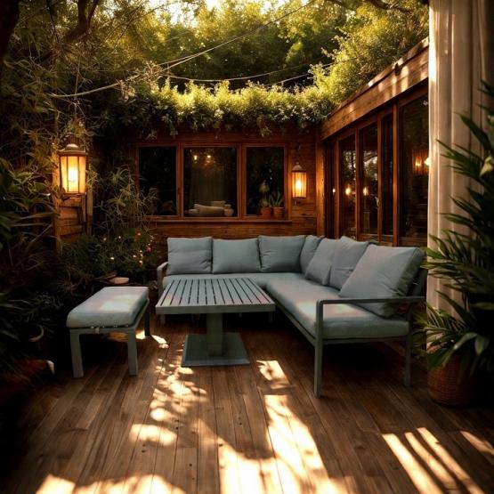 Zestaw Mebli Aluminiowych Garden Line Szary z Szarymi Poduszkami - Sofa Narożna + Pufa + Stolik