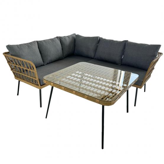 Zestaw Mebli Ogrodowych – Brązowy Narożnik + Stolik + Szare Poduszki Garden Line