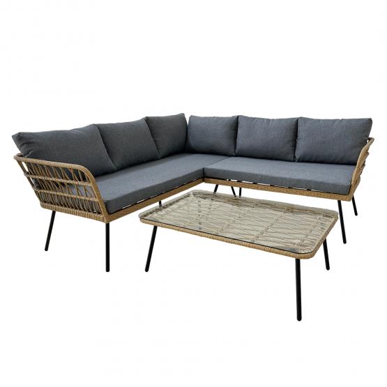 Zestaw Mebli Ogrodowych – Brązowy Narożnik + Stolik + Szare Poduszki Garden Line