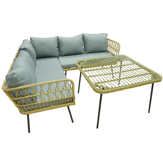 Zestaw Mebli Ogrodowych – Brązowy Narożnik + Stolik + Szare Poduszki Garden Line