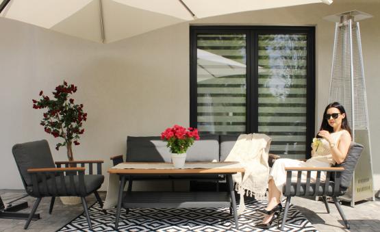 Zestaw Mebli Aluminiowych Garden Line (Sofa + 2 Fotele + Stolik) - Szary z Szarymi Poduszkami