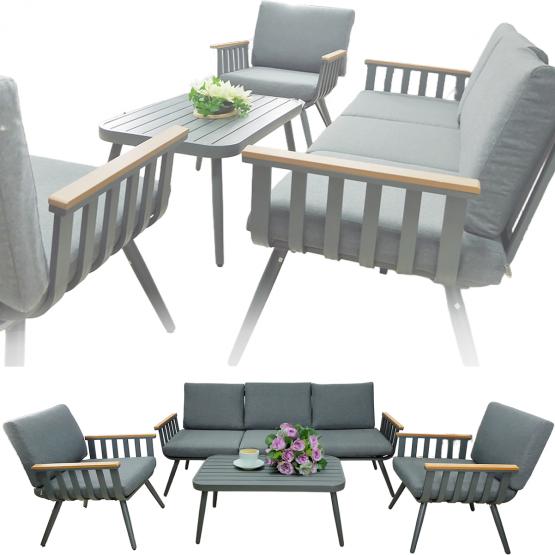 Zestaw Mebli Aluminiowych Garden Line (Sofa + 2 Fotele + Stolik) - Szary z Szarymi Poduszkami