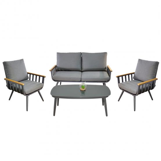 Zestaw Mebli Aluminiowych Garden Line (Sofa + 2 Fotele + Stolik)  - Szary z Szarymi Poduszkami