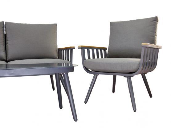 Zestaw Mebli Aluminiowych Garden Line (Sofa + 2 Fotele + Stolik)  - Szary z Szarymi Poduszkami