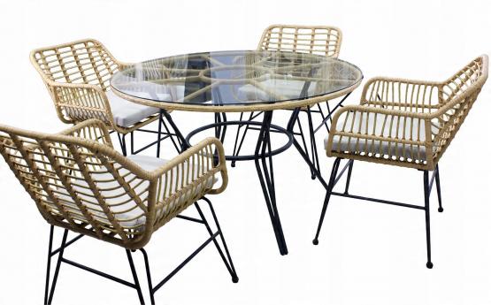 Zestaw Mebli Ogrodowych Garden Line Brązowy z Szarymi Poduszkami - (Stół + 4 Krzesła) 