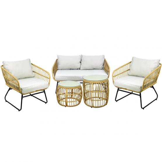 Zestaw Mebli Ogrodowych Garden Line Brązowy z Szarymi Poduszkami - (Sofa + 2 Krzesła + 2 Stoliki)