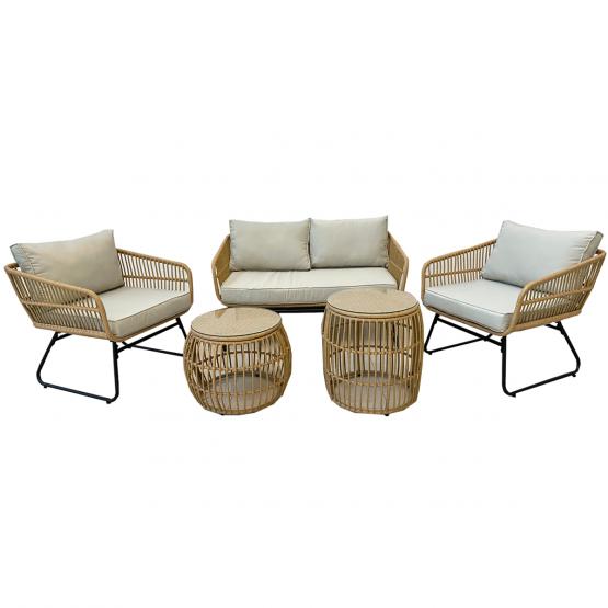 Zestaw Mebli Ogrodowych Garden Line Brązowy z Szarymi Poduszkami - (Sofa + 2 Krzesła + 2 Stoliki)