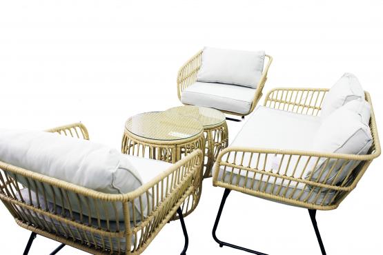 Zestaw Mebli Ogrodowych Garden Line Brązowy z Szarymi Poduszkami - (Sofa + 2 Krzesła + 2 Stoliki)