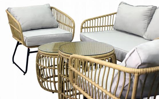 Zestaw Mebli Ogrodowych Garden Line Brązowy z Szarymi Poduszkami - (Sofa + 2 Krzesła + 2 Stoliki)