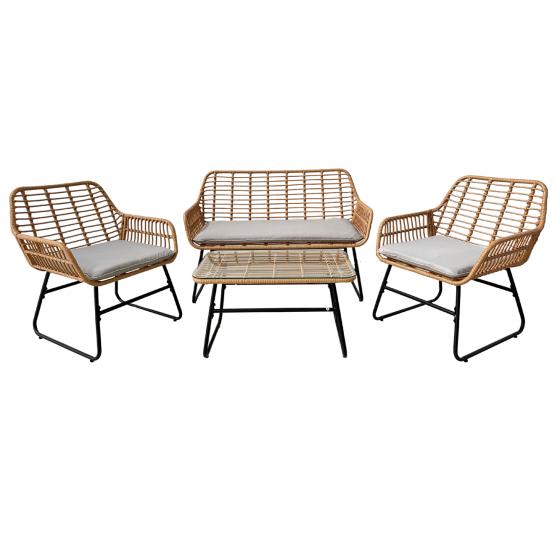 Zestaw Mebli Ogrodowych (Sofa + 2 Krzesła + Stolik) - Brązowy z Szarymi Poduszkami