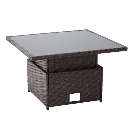 Zestaw Mebli Rattanowych Garden Line Brązowy z Kremowymi Poduszkami (Sofa Narożna + 2 Pufy + Stolik z Regulowaną Wysokością)