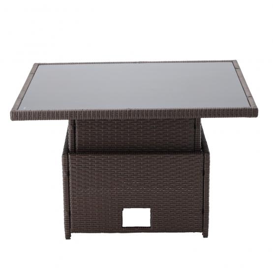 Zestaw Mebli Rattanowych Garden Line Brązowy z Kremowymi Poduszkami (Sofa Narożna + 2 Pufy + Stolik z Regulowaną Wysokością)