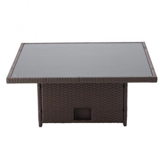 Zestaw Mebli Rattanowych Garden Line Brązowy z Kremowymi Poduszkami (Sofa Narożna + 2 Pufy + Stolik z Regulowaną Wysokością)