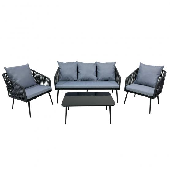 Zestaw Mebli Ogrodowych z Plecionej Liny Garden Line Antracyt + Szare Poduszki (2 Fotele + Sofa + Stolik)