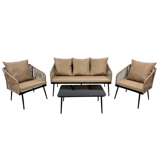 Zestaw Mebli Ogrodowych z Plecionej Liny Garden Line Beżowy + Beżowe Poduszki (2 Fotele + Sofa + Stolik)