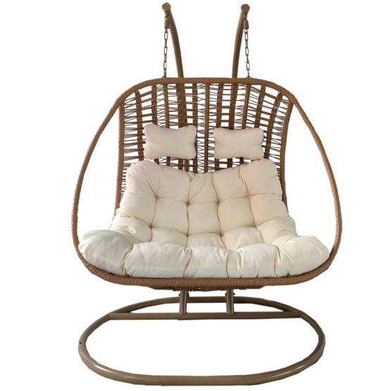 Fotel Wiszący Suri Dwuosobowy Garden Line Naturalny z Kremową Poduszką i Naturalną Ramą