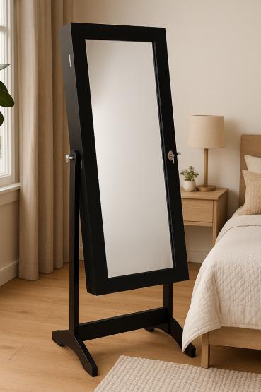 SZAFKA NA BIŻUTERIĘ Z LUSTREM CZARNA 41,5 x 36,5 x 147 cm