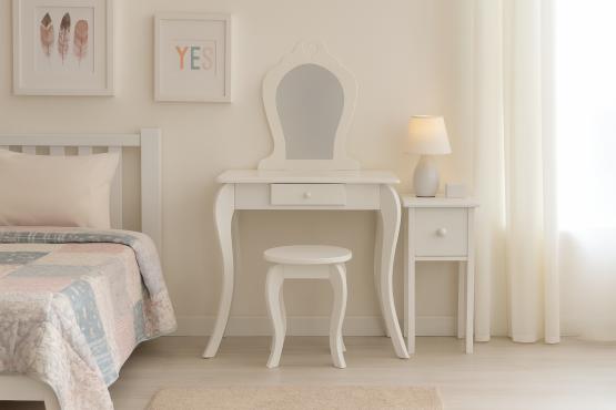 MAŁA TOALETKA KOSMETYCZNA BIAŁA Z LUSTREM + TABORET