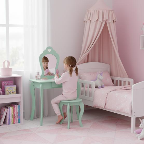 MAŁA TOALETKA KOSMETYCZNA MIĘTOWA Z LUSTREM + TABORET 