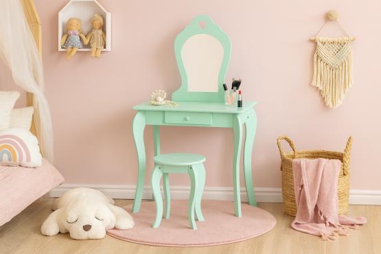 MAŁA TOALETKA KOSMETYCZNA MIĘTOWA Z LUSTREM + TABORET 