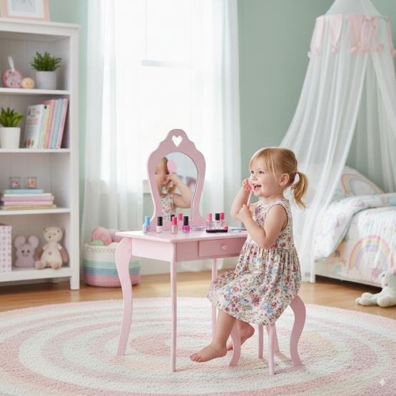 MAŁA TOALETKA KOSMETYCZNA RÓŻOWA  Z LUSTREM + TABORET