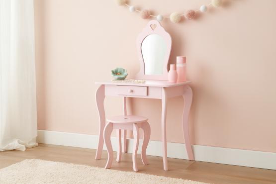 MAŁA TOALETKA KOSMETYCZNA RÓŻOWA  Z LUSTREM + TABORET