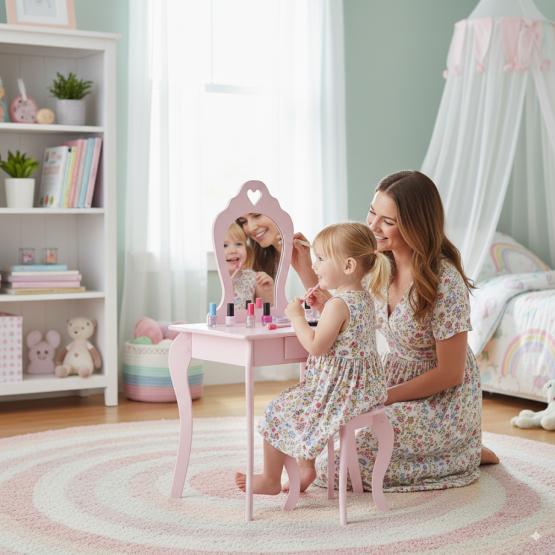 MAŁA TOALETKA KOSMETYCZNA RÓŻOWA  Z LUSTREM + TABORET