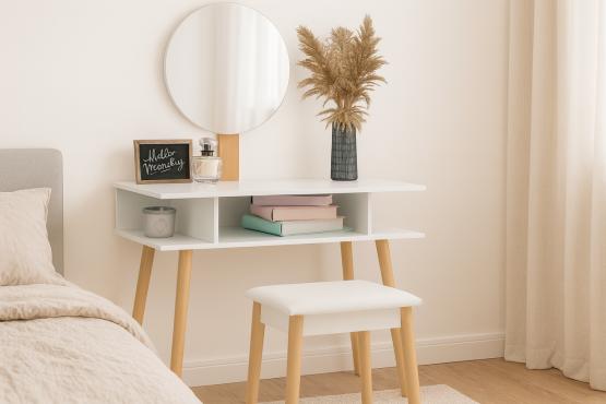 TOALETKA DO WIZAŻU BIAŁA RETRO Z OKRĄGŁYM LUSTREM +TABORET 