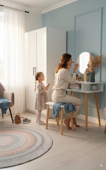 TOALETKA DO WIZAŻU BIAŁA RETRO Z OKRĄGŁYM LUSTREM +TABORET 