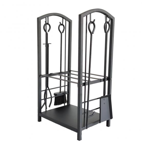 METALOWY STOJAK NA DREWNO OPAŁOWE Z 4 EL. ZESTAWEM KOMINKOWYM 40X30X74CM