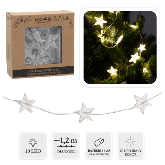 ŁAŃCUCH ŚWIETLNY LED TRANSPARENTNE GWIAZDKI 10 L CIEPŁY BIAŁY