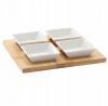 KPL. DO SERWOWANIA PRZYSTAWEK - 4 MISECZKI KWADRATOWE PORCELANOWE Z BAMBUSOWĄ DESKĄ 22x22x3,5CM 