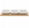 KPL. DO SERWOWANIA PRZYSTAWEK - 3 MISECZKI KWADRATOWE PORCELANOWE Z BAMBUSOWĄ DESKĄ 28x10x3CM 