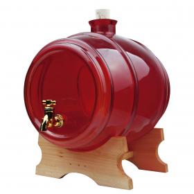 Szklana beczułka na alkohole. Zamykana na korek. Stabilna, z grubego szkła w kolorze czerwonym. Karafka posiada poręczny kranik ułatwiający dozowanie płynu. Idealna na prezent oraz do domowego użytku.