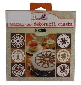 Wystarczy przesiać przez krążek kakao, cukier puder lub cynamon aby uzyskać piękny wzór na cieście.  Sześć różnych wzorów na wyjątkowe okazje.