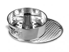 Okrągła tortownica / forma z dwoma dnami i tuleją. Posiada fakturowane dno. Idealna do pieczenia tortów, babek.