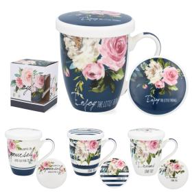 KUBEK PORCELANOWY Z ZAPARZACZEM I POKRYWKĄ 340 ML BUKIET