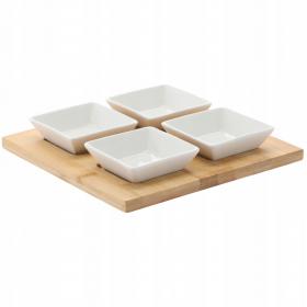 KPL. DO SERWOWANIA PRZYSTAWEK  4 MISECZKI KWADRATOWE PORCELANOWE Z BAMBUSOWĄ DESKĄ 22x22x3,5CM 